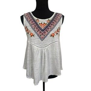 Sundance Womens Blouse Size Medium Ivory Floral Emoridered Sleeveless Linen